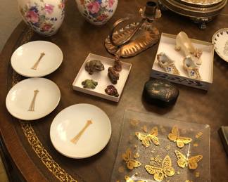 Space Needle dishes, Georges Briard butterfly dish, potpourri jars, copper candle holder