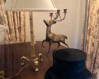 Gilt brass 3 footed lamp, brass deer  candle holder 16”, old top hat by Cooksey & Co., London