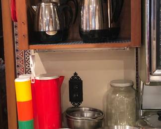 Mod Ingrid plastic pitcher & cups, skillets, Farberware coffee percolators, cake pans 
