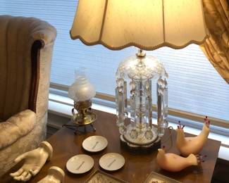 Lamp with hanging prisms (35” tall overall), ceramic hand soap dishes, pink bird candles