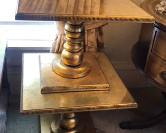 Pair of gilt end tables - shown here stacked on top of each other (each 20” square, 15.5” high) 
