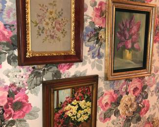 Framed needlepoint in ornate shadow box frame, floral paintings