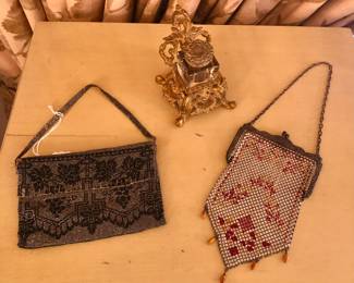 Beaded purse, antique gilt metal & crystal inkwell, Mandalian metal mesh purse 