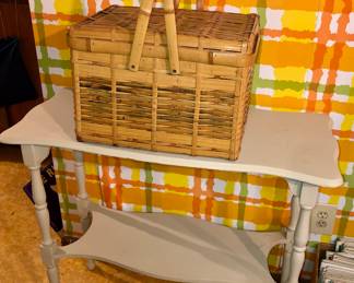 Painted wood console table (36”L, 16”D, 30”H), split bamboo picnic basket
