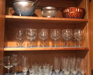 Colanders, stemware (middle row is 2 piece glasses for shrimp cocktails) 