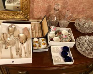 Silver plate serving utensils, set of 4 Crown Staffordshire demitasse, cut crystal cruet & bowls 