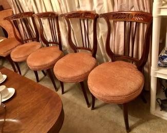Set of 4 vintage dining chairs with round seat & carved top rail 