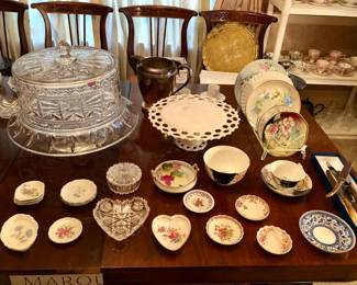 Waterford Marquis Finley cake plate + dome, milk glass cake stand, hand painted plates, butter pats & more 