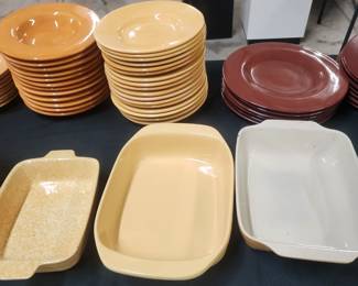 Earth tone heavy ceramic dish-ware to feed a crowd.