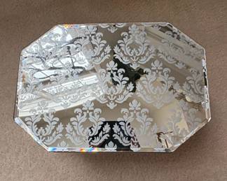 Octagonal Mirrored Vanity Tray with Etched Damask Pattern Venetian Style