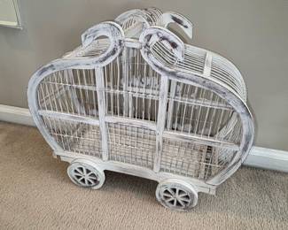Vintage White Wooden Birdcage on Wheels