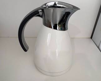 Vintage White Ceramic Carafe with Chrome Accents and Black Handle