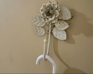 White Metal Rose Wall Hook with Black Dot Accents