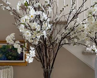 Artificial White Cherry Blossom Branches in Tall Glass Cylinder Vase