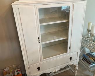 Antique White China Cabinet with Glass Doors and Drawer second image