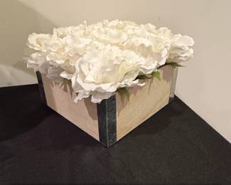 Faux White Peony Arrangement in Wooden Box Planter