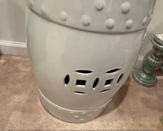 White Ceramic Garden Stool with Raised Dot and Geometric Cutout Details second image