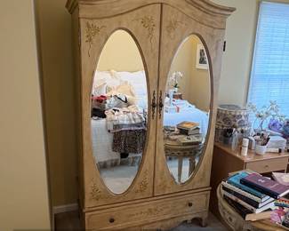 Vintage HandPainted French Provincial Armoire with Mirrored Doors