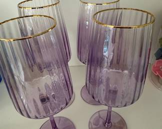 Set of Purple Ribbed Wine Glasses with Gold Rims Anna von Lipa Inspired
