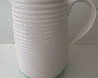 White Ribbed Ceramic Pitcher with Teal Base