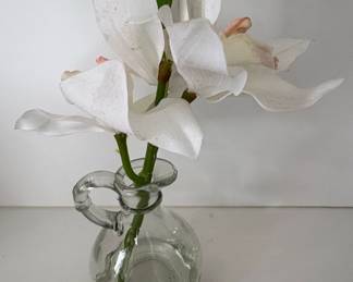 Artificial White Magnolia Flower in Glass Pitcher Vase