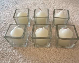 Set of Square Clear Glass Votive Holders with White Votive Candles