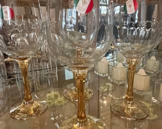 Italian Crystal Wine Glasses with Gold Greek Key Band and Amber Stems