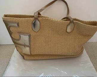 Tory Burch Straw Tote Bag with Metallic Logo