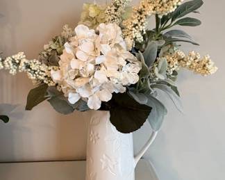 White Ceramic Pitcher with Hydrangea Arrangement