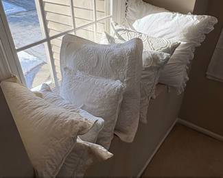 Set of White Embroidered and Lace Trimmed Decorative Pillows