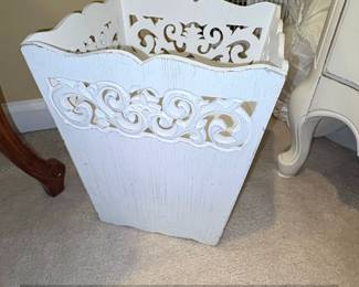 French Style White Wooden Wastebasket with Scrollwork