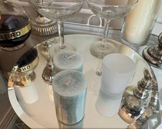 Vintage Crystal Coupe Glasses and Mirrored Tray Set