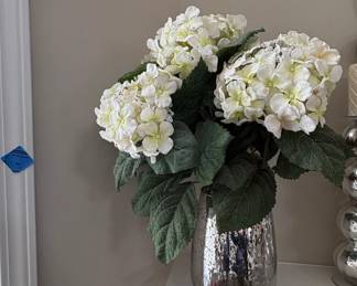 Artificial White Hydrangea Arrangement in Mercury Glass Vase