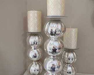 Mercury Glass Stacked Ball Pillar Candle Holders Set