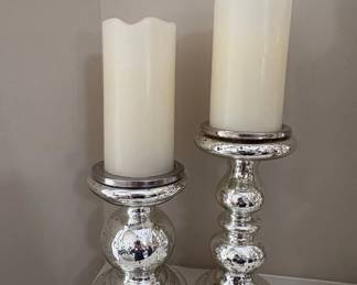 Set of Two Mercury Glass Pillar Candle Holders with Bulbous Bases