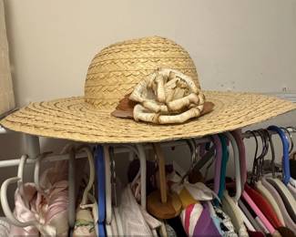 Vintage Straw Sun Hat with Fabric Rose Embellishment