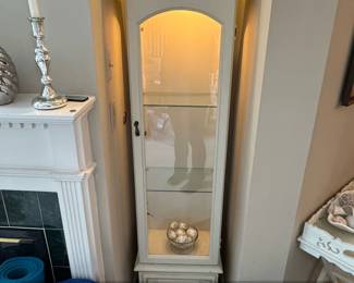 White Arched Curio Cabinet with Glass Doors and Drawer