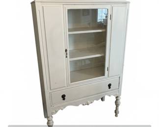 Antique White China Cabinet with Glass Doors and Drawer