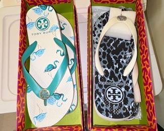 Tory Burch Flip Flops Flamingo and Wildlife Print