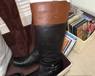 Assorted Womens Boots White Cowboy Boots, Brown Suede KneeHigh Boots, and Black and Brown Leather Riding Boots third image