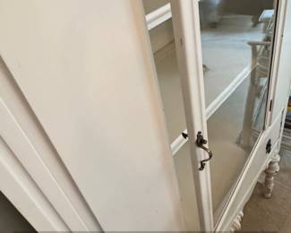 Antique White China Cabinet with Glass Doors and Drawer fourth image