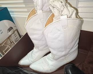 Assorted Womens Boots White Cowboy Boots, Brown Suede KneeHigh Boots, and Black and Brown Leather Riding Boots second image