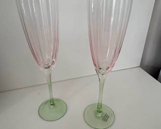 Set of Two Pink and Green Fluted Champagne Flutes