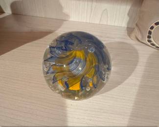 Vintage Glass Paperweight with Yellow and Blue Swirl Design