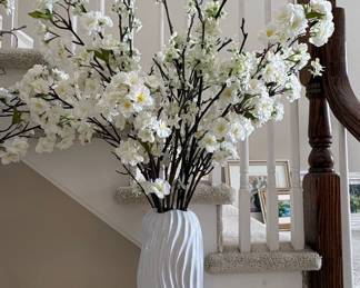 Artificial White Cherry Blossom Branches in a Tall Fluted White Ceramic Vase