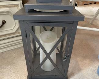 Pebble Lane Living Gray Metal Lantern with Glass Panels and Pillar Candle