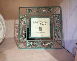 Green Metal Scrollwork Photo Frame with Leaves and Pink Flowers