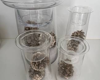 Glass Hurricane Vase Set with Decorative Pinecones