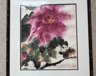 Chinese Watercolor Painting of a Peony and Bird