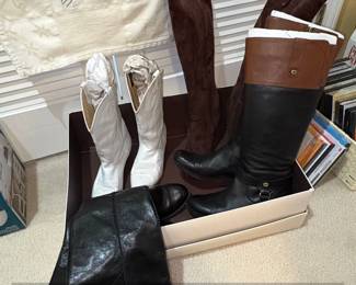 Assorted Womens Boots White Cowboy Boots, Brown Suede KneeHigh Boots, and Black and Brown Leather Riding Boots